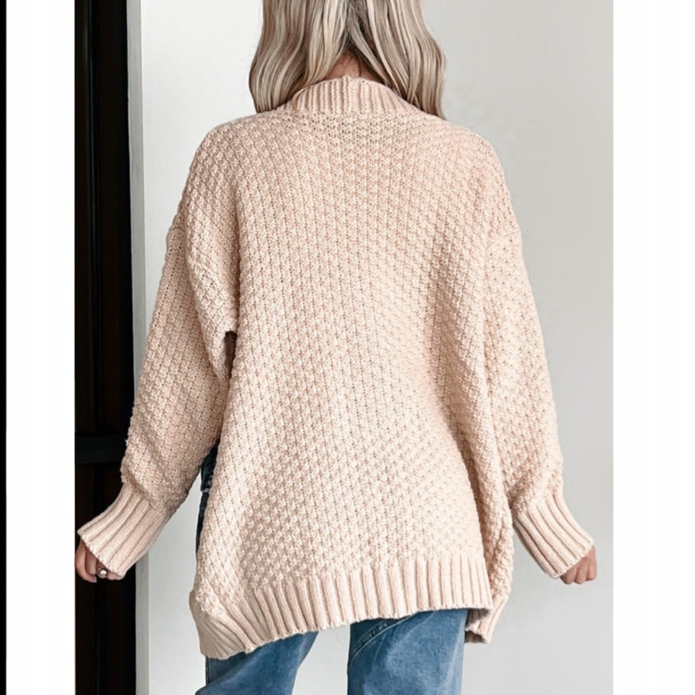 Beige Open Front Knitted Denim Pocket Patchwork Cardigan - Picture 6 of 15
